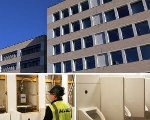 Composite image of Cambridge Assessment HQ and washroom urinals